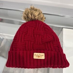 Britt’s Knits Red Knit Pom-Pom Beanie Plush Lined